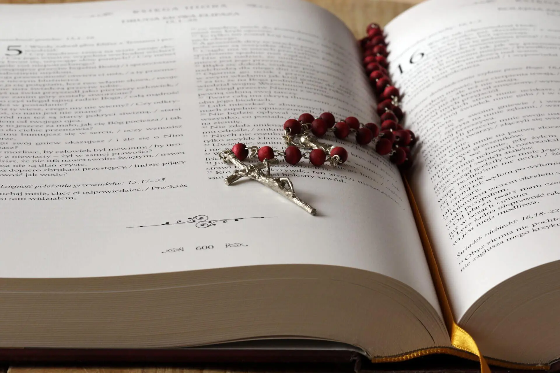 Red rosary beads on an open Bible.