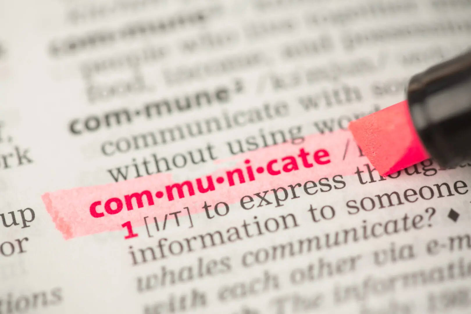 Dictionary page with "communicate" highlighted.