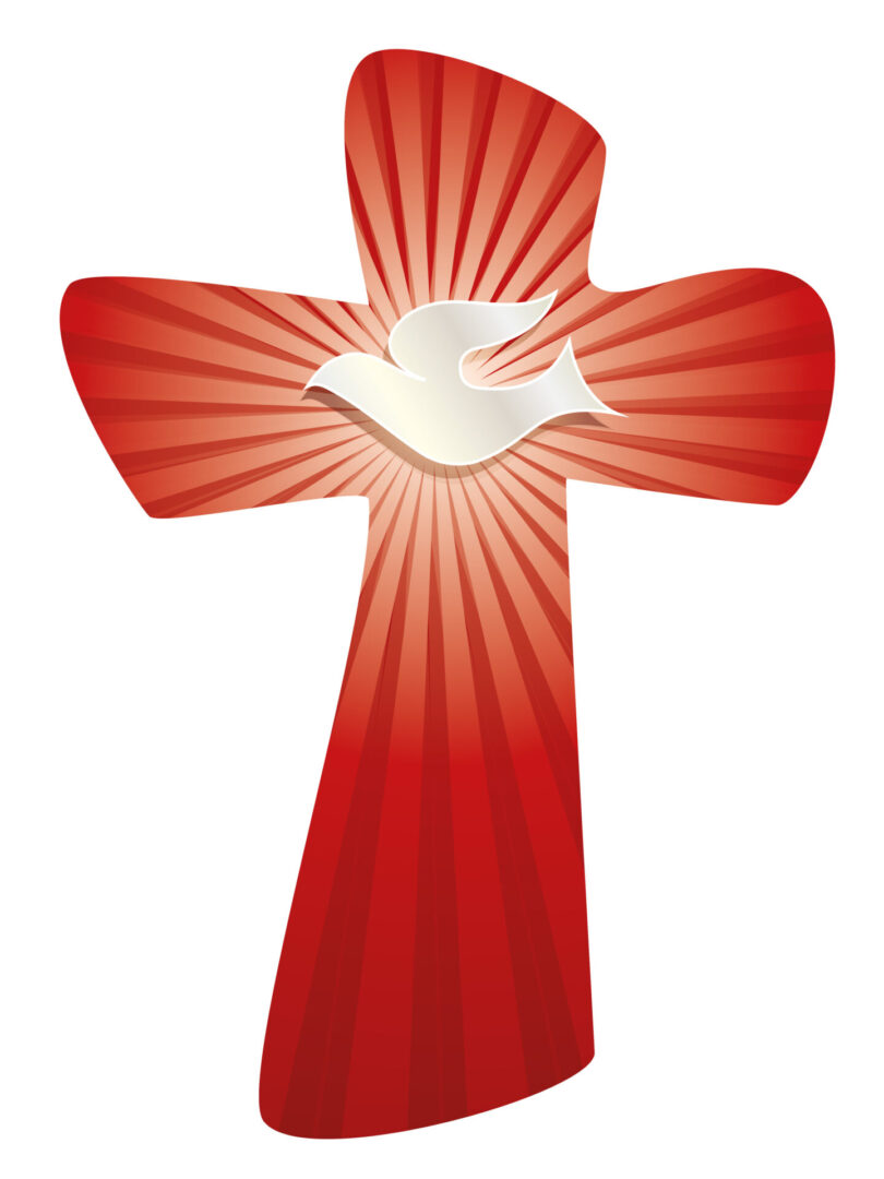 Christian vector isolated cross with white dove and bright rays on red background