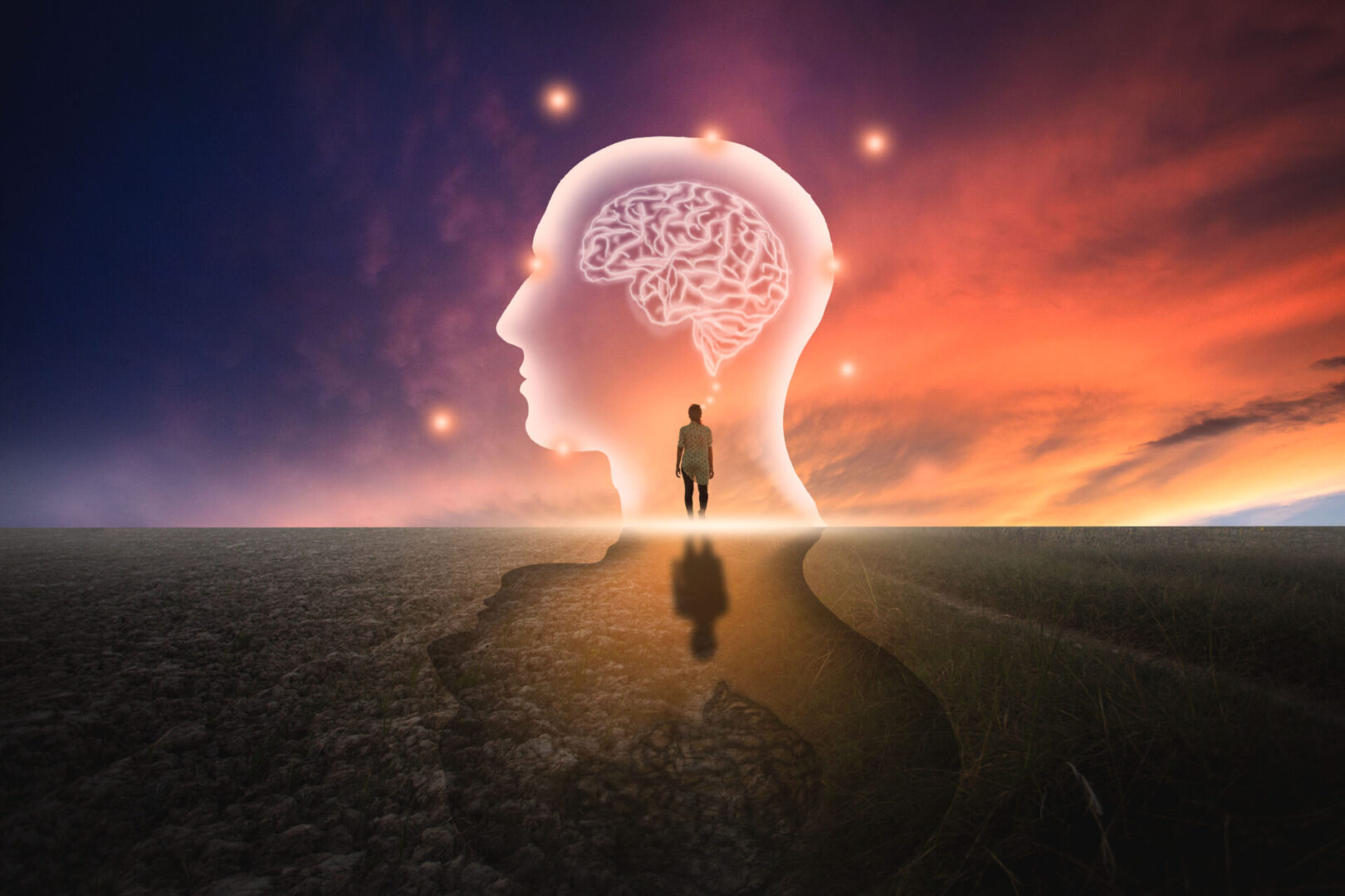 A virtual man with symbolic neurons in the brain Freedom of thought Creative ideas, ideas and innovations / Evening sky background