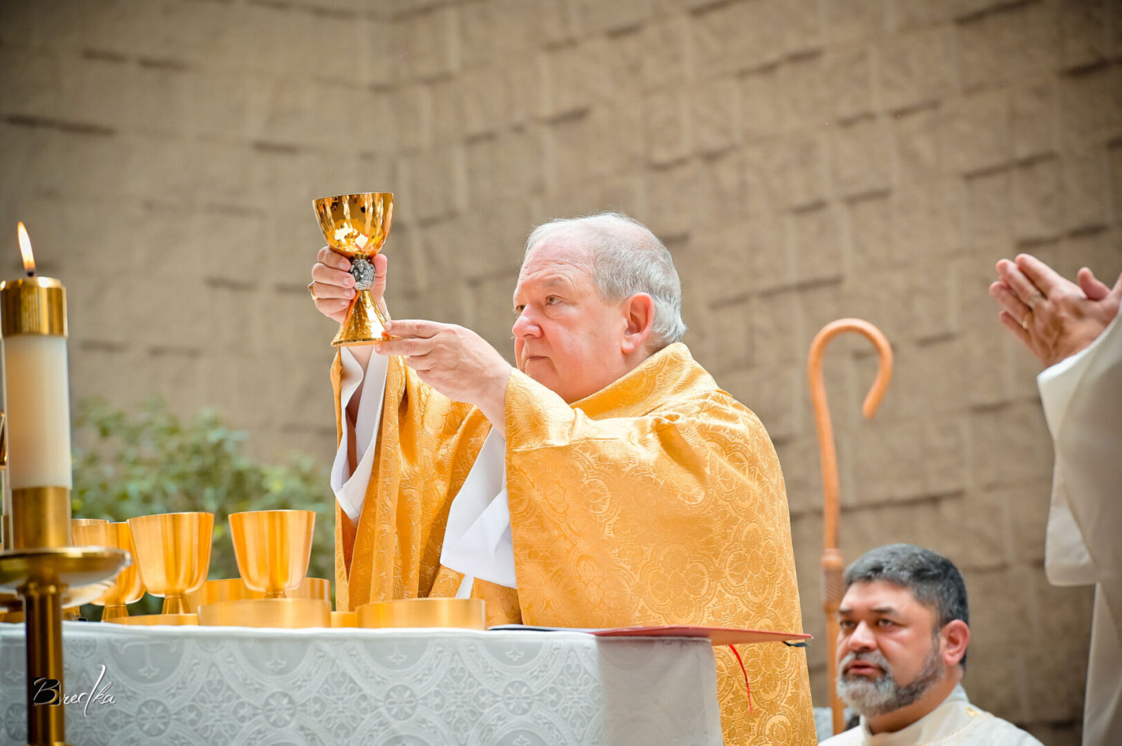 Priest holding a chalice during mass.
