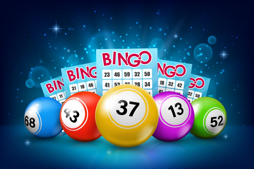 Lottery balls and bingo tickets background Bingo balls and cards on blue background.